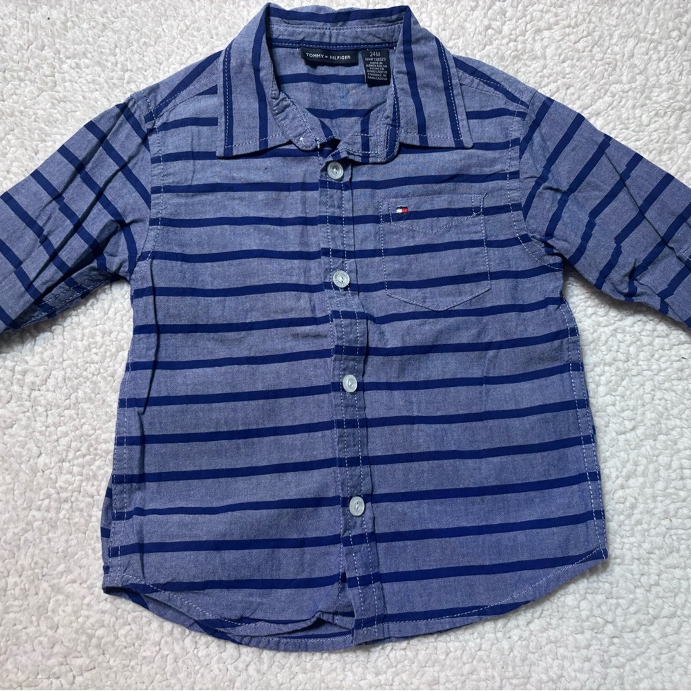 Tommy Hilfiger Navy and Light Blue Striped Button-Up Shirt